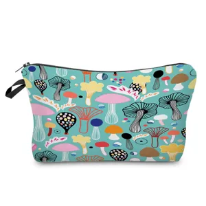Detailed view of the cute colorful mushroom print cosmetic pouch with convenient black zipper pull.