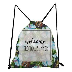 Tropical floral print drawstring backpack, casual summer style lightweight beach gym bag.