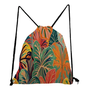 Stylish tropical green leaf print drawstring backpack, casual floral travel gym storage bag.