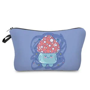 Close-up view of the adorable cartoon mushroom print and durable zipper on this blue pouch.