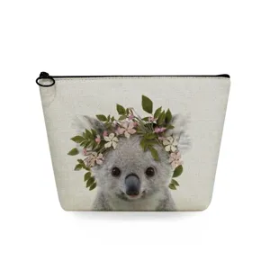 Cute koala floral print cosmetic bag, portable canvas travel makeup pouch for storage.