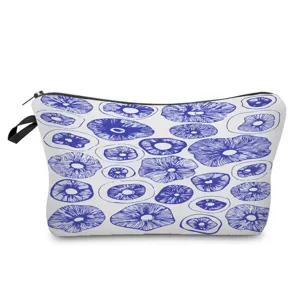 Detailed view of cosmetic storage bag featuring a stylish blue mushroom print pattern.