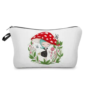 Cute mushroom girl print cosmetic bag zipper makeup pouch travel storage organizer for women