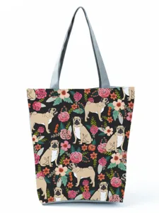 Sac à bandoulière en toile imprimé carlin floral, sac à main décontracté avec anses grises.