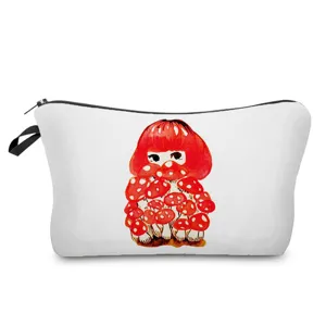 Detailed close-up of the cute mushroom girl print design on the portable makeup bag.