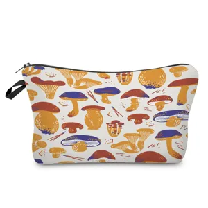 Cute mushroom printed makeup bag, stylish cosmetic zipper pouch for travel and daily storage.
