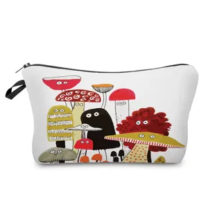 Cute mushroom print cosmetic bag portable zipper makeup pouch wash organizer