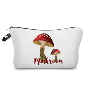 Cute mushroom girl printed cosmetic bag, portable waterproof makeup storage pouch for daily travel.