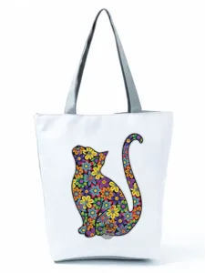 Sac cabas en toile avec imprimé chat floral, élégant sac à épaule pour tous les jours.