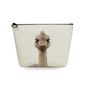 Portable canvas cosmetic bag featuring cute ostrich animal print for daily toiletry storage