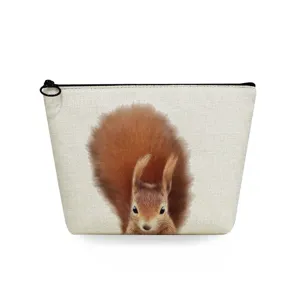 Canvas cosmetic bag with cute red squirrel print, portable travel wash storage bag detail.