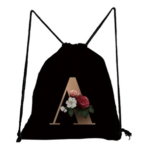 Lässiger Schwarzer Kordelzug-Rucksack Mit Alphabet-Blumenmuster Leichter Polyester-Sack Für Studenten Damen Reisen Schule