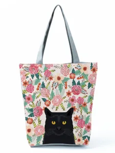 Sac cabas en toile avec imprimé chat noir et fleurs, joli sac porté épaule quotidien.