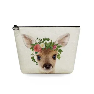 Portable canvas cosmetic bag featuring a cute fawn and floral print detail design.