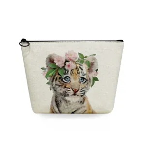 Portable cute tiger print makeup bag, travel toiletry storage pouch for women daily use.