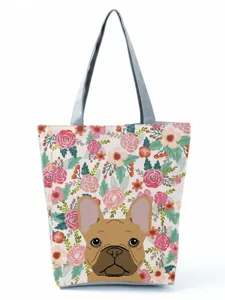 Vue détaillée du sac cabas imprimé bouledogue français et fleurs, fourre-tout tendance.