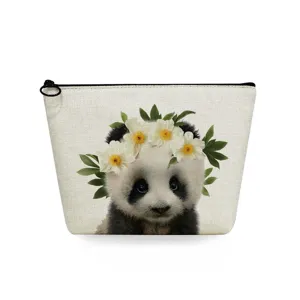 Cute baby panda flower crown canvas cosmetic bag portable zipper makeup pouch travel storage bag