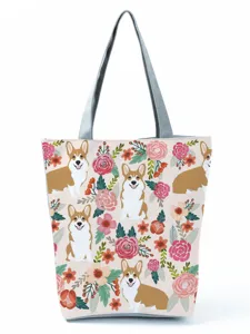 Sac cabas en toile à motif de corgi et fleurs, sac à épaule pour voyage quotidien.