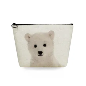 Close-up detail of the portable cosmetic bag featuring a cute polar bear cub print and zipper.