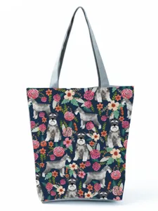 Sac cabas en toile avec imprimé Schnauzer et fleurs, sac bandoulière décontracté.