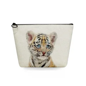 Portable linen makeup bag with cute baby tiger print, ideal for travel and daily storage.