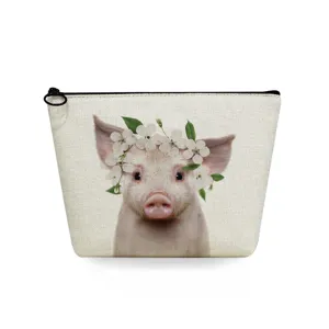 Canvas makeup bag with cute pig flower print, portable travel wash pouch for daily use.