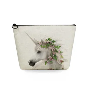Canvas cosmetic bag featuring a charming floral unicorn print, ideal for travel and daily use.
