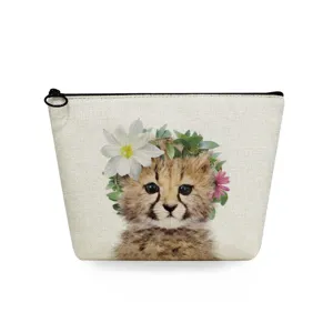 Detailed view of cute cheetah flower print cosmetic makeup bag, portable travel pouch design.