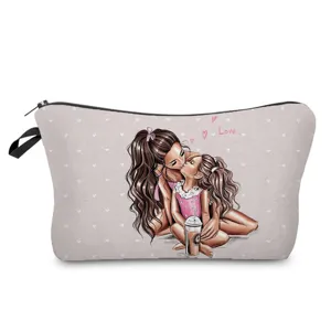 Tragbare Make-up-Tasche für Reisen mit süßem Mutter-Tochter-Druck, langlebige Stofftasche.