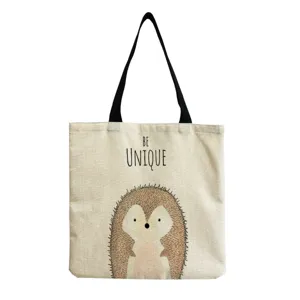 Bolso de lona con erizo y asas negras, bolso de hombro informal para uso diario y práctico.