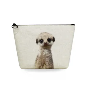 Cute Meerkat Print Canvas Cosmetic Bag Portable Toiletry Pouch Travel Storage Bag Zip