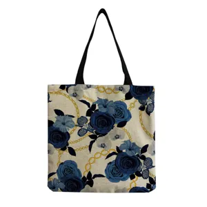 Vintage Cotton Linen Rose Floral Tote Bag Digital Printed Reusable Grocery Shoulder Bag Eco Friendly Handbag For Women Travel