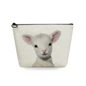 Cute lamb print canvas cosmetic bag, portable travel makeup pouch with smooth zipper.
