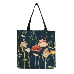 Detailed view of the vintage botanical floral tote bag with elegant rose pattern on dark blue.