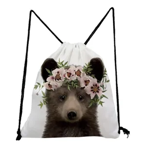 Leuke bloemen beer print witte trekkoord rugzak casual lichtgewicht schooltas dagelijks