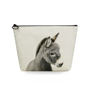 Detailed view of the cute donkey print canvas cosmetic bag zipper closure portable pouch.