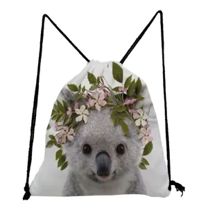 Schattige koala bloemenkrans print trekkoord rugzak lichtgewicht casual dagelijkse details.