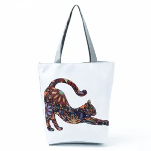 Sac à Main Bandoulière Toile Motif Chat Floral Cabas Casual pour Voyage Image Principale