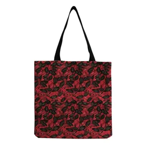 Stylish red rose printed canvas tote bag, reusable casual shoulder shopping bag.
