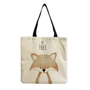 Bolsa tote de lona con lindo estampado de zorro y letras, ideal para compras diarias y uso.