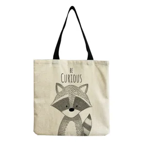 Bolso tote de lona con mapache lindo y asas negras, bolso de hombro informal diario.