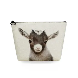 Cute baby goat print canvas cosmetic bag travel makeup pouch portable zipper organizer