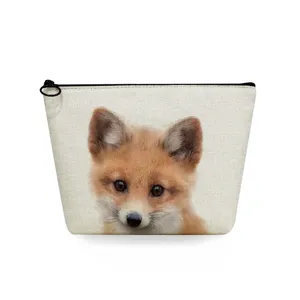 Cute baby fox print cosmetic zipper pouch detail shot, compact travel makeup organizer bag.