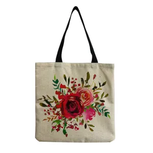 Canvas tote bag with watercolor red rose floral print, durable black shoulder straps for daily.