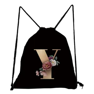 Schwarzer Turnbeutel mit goldenem Blumen-Buchstaben Y Design, idealer Rucksack für Studenten.