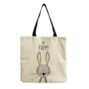 Bolso de lona con lindo estampado de conejo y letras, bolso de hombro informal diario.