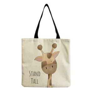 Bolso tote de lona con lindo estampado de jirafa, bolso de hombro informal para uso diario.