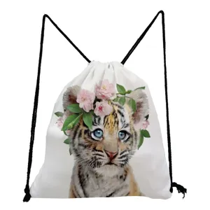Schattige tiger cub bedrukte witte trekkoord rugzak, lichtgewicht casual studenten tas.