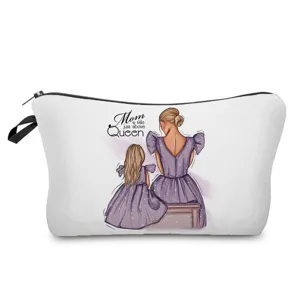 Tragbare Kosmetiktasche mit süßem Mutter-Tochter-Illustrationsdesign, Reise-Kulturbeutel für Damen.