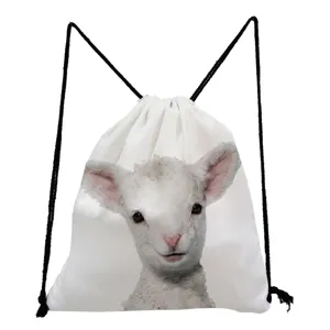 Witte rugzak met trekkoord en schattige lam dierenprint casual lichte sporttas tas